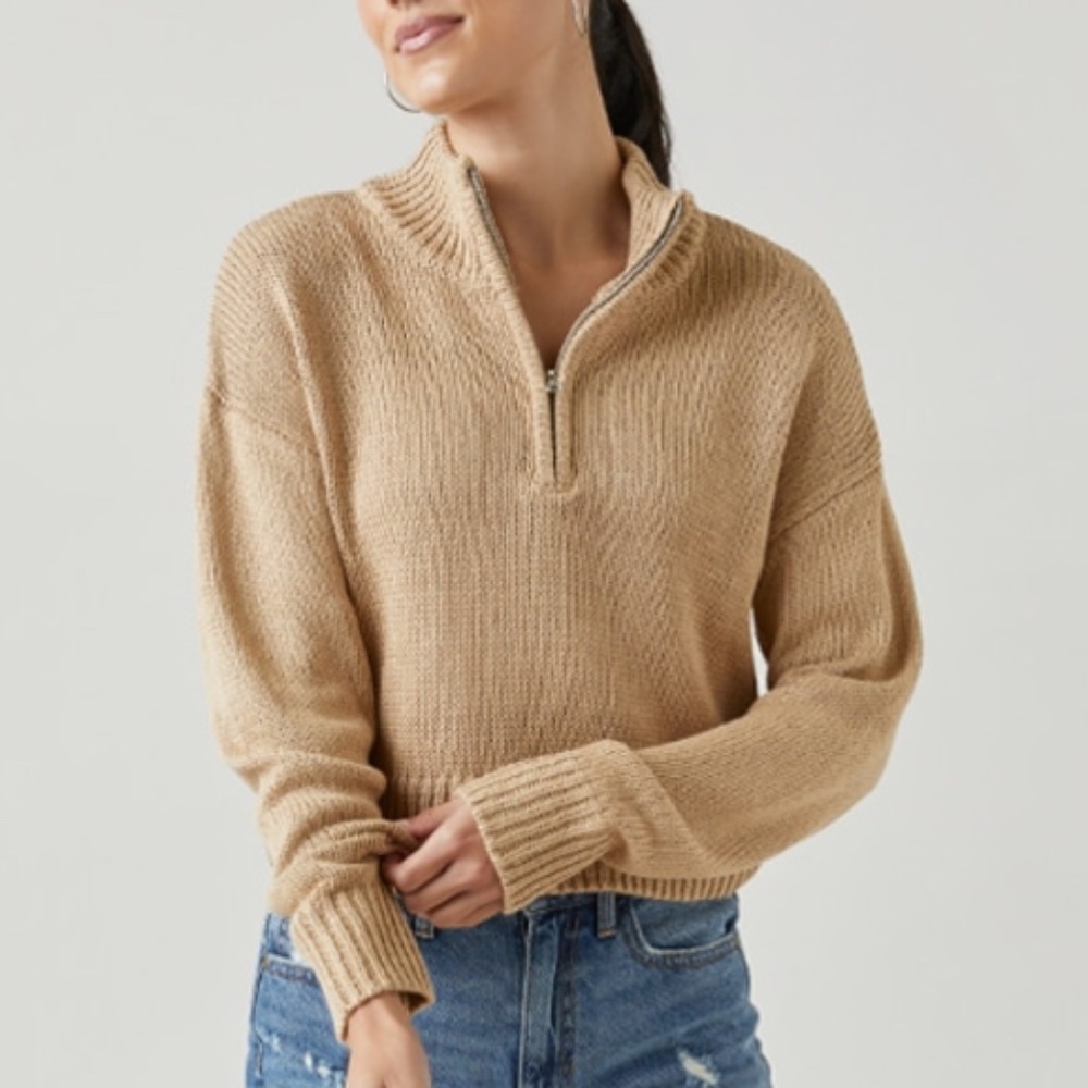 Francesca's Collections Beige Half-Zip Crewneck Sweater